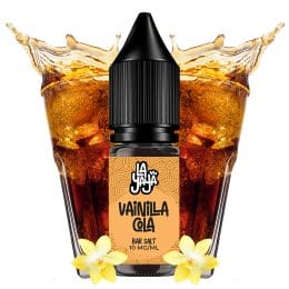Líquido para vapeo La Yaya Salts Vainilla Cola 10ml con sales de nicotina, botella con diseño en tonos marrones, acompañado de vainilla y refresco de cola que representan su sabor.