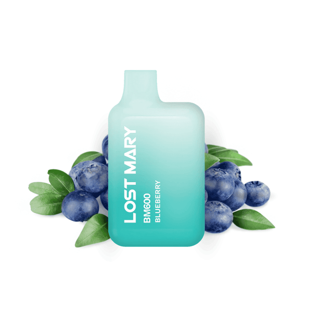 Disposable Vape Lost Mary BM600 Blueberry 20 mg/ml, compact device with up to 600 puffs and sweet blueberry flavor e-liquid, blue and green gradient design with integrated mouthpiece and visual presentation with blueberries that represent the flavor of the product.