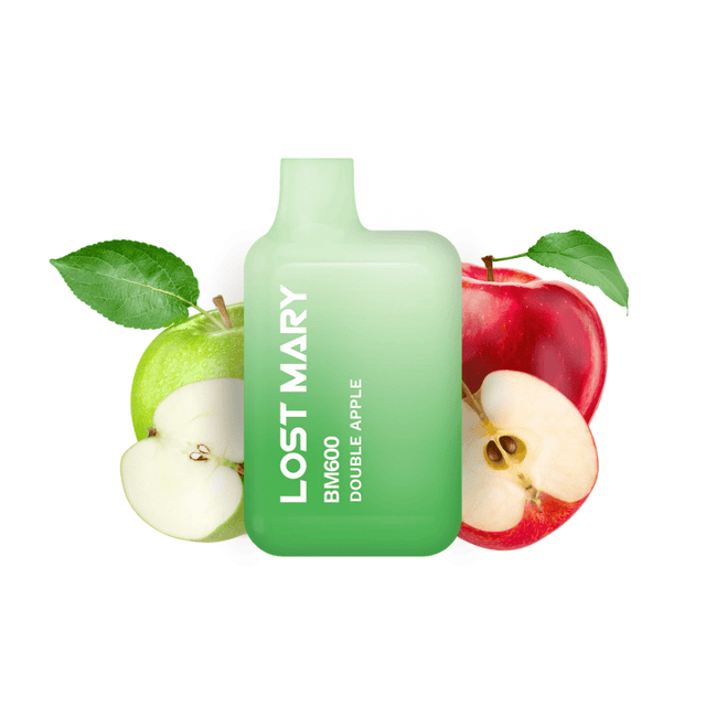 Sigaretta Elettronica Usa e Getta Lost Mary BM600 Double Apple 20 mg/ml, dispositivo compatto con un massimo di 600 spruzzi e e-liquid al doppio gusto di mela (miscela di mela verde e rossa), design verde con bocchino integrato e presentazione visiva con mele che rappresentano il sapore del prodotto.