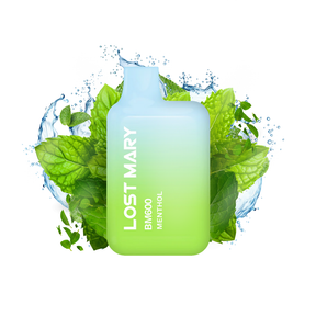 Disposable Vape Lost Mary BM600 Menthol 20 mg/ml, compact device with up to 600 puffs and refreshing menthol flavor e-liquid, green and blue gradient design with integrated mouthpiece and visual presentation with mint leaves and a freshness effect that represent the flavor of the product.