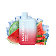 vapoteur jetable Lost Mary BM600 Watermelon Ice 20 mg/ml, appareil compact jusqu'à 600 bouffées et e-liquide saveur pastèque avec une touche mentholée rafraîchissante, design ergonomique avec embout intégré et présentation visuelle inspirée de la pastèque et de la glace qui représentent la saveur du produit.