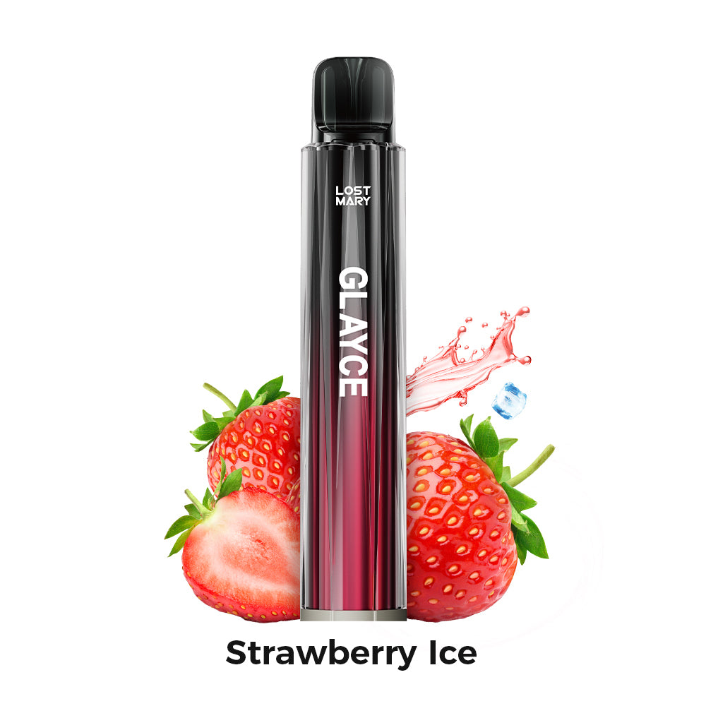 Svapatore Lost Mary Tappo Glayce Strawberry Ice, dispositivo a cialda al gusto di fragola con un tocco rinfrescante di mentolo, compatibile con capsule Lost Mary Tappo, design compatto in formato stick con bocchino integrato e presentazione visiva ispirata alle fragole e all'effetto ghiaccio che rappresentano il sapore del prodotto.