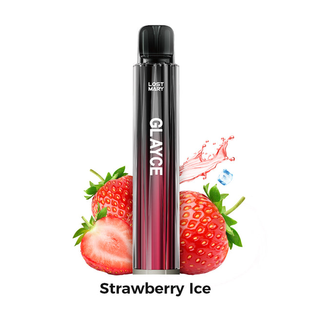 Svapatore Lost Mary Tappo Glayce Strawberry Ice, dispositivo a cialda al gusto di fragola con un tocco rinfrescante di mentolo, compatibile con capsule Lost Mary Tappo, design compatto in formato stick con bocchino integrato e presentazione visiva ispirata alle fragole e all'effetto ghiaccio che rappresentano il sapore del prodotto.
