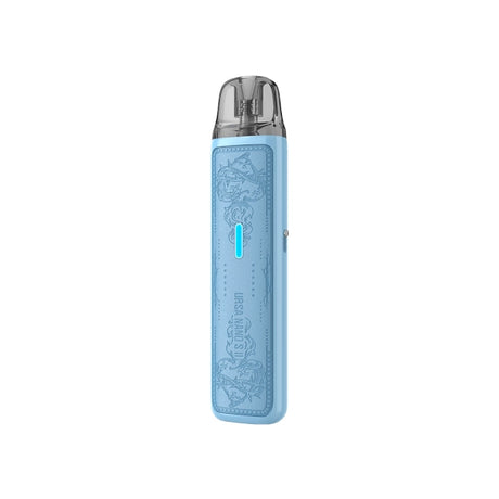 Vaper recargable Lost Vape Ursa Nano S II Pod Kit en color azul, con diseño compacto y ligero, acabado texturizado, boquilla transparente en la parte superior y luz LED frontal indicadora de batería.