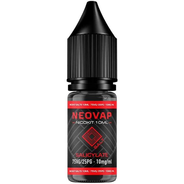 Flacon e-liquide Nicokit Salt Salicylate Neovap de 10 ml, avec design noir et détails rouges, bouchon de sécurité de type compte-gouttes et étiquette frontale indiquant le ratio 75VG/25PG et 15 mg/ml de nicotine.