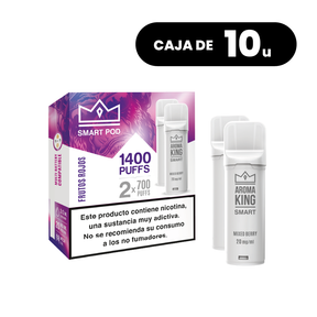 Pack de 10 cajas Aroma King Smart Pod Mixed Berry, pods para vape sabor mezcla de frutos rojos dulces, sistema de hasta 1400 puffs (2x700 caladas) y 20 mg/ml de nicotina, presentados en su caja original.