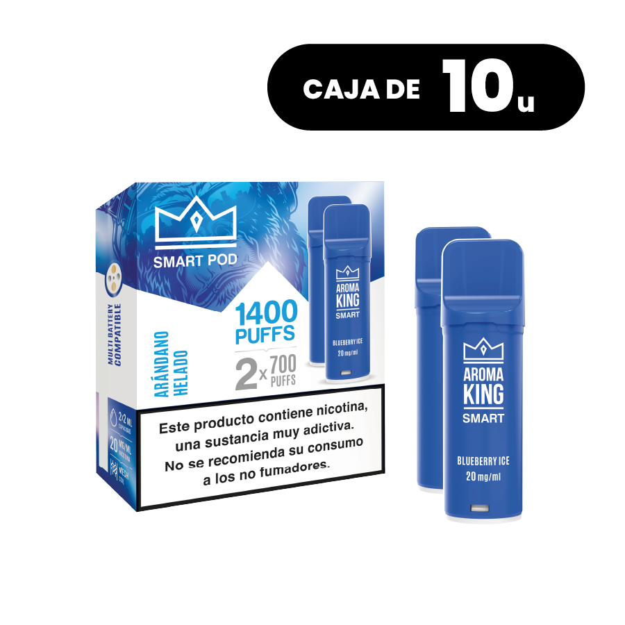 Pack de 10 cajas Aroma King Smart Pod Blueberry, pods para vape sabor arándano dulce, sistema de hasta 1400 puffs (2x700 caladas) y 20 mg/ml de nicotina, presentados en su caja azul original con información del producto.