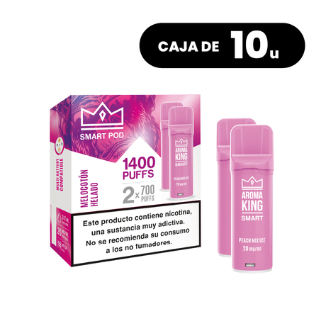 Pack of 10 boxes Aroma King Smart Pod Strawberry Guava, strawberry and guava flavor vape pods with sweet tropical mix, system of up to 1400 puffs (2x700 puffs) and 20 mg/ml of nicotine, presented in its original pink box with product information.