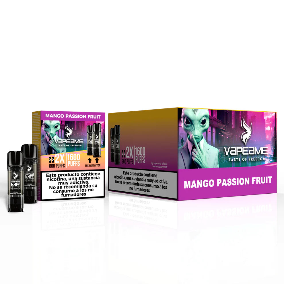 Pack de 10 boîtes de gélules Vapeame Mango Passion Fruit, dosettes de vape saveur mangue et fruit de la passion avec système de 2x800 bouffées (jusqu'à 1600 bouffées), présenté dans sa boîte d'origine.