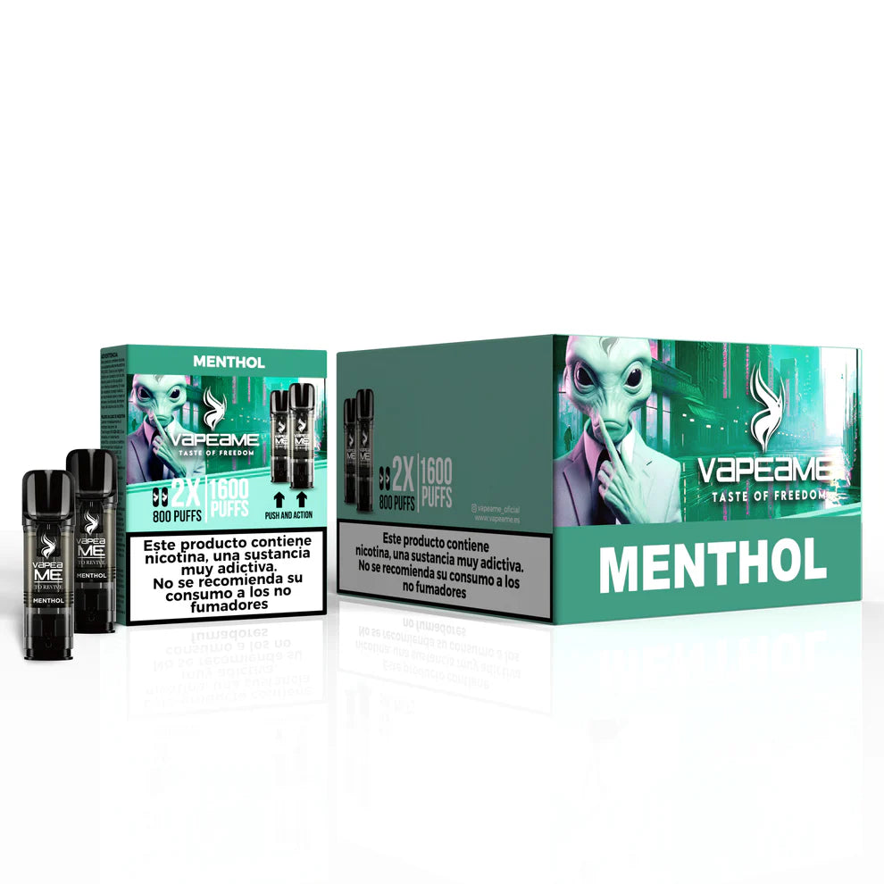 Confezione da 10 scatole di capsule Vapeame Mentolo, cialde rinfrescanti al sapore di mentolo con sistema 2x800 puff (fino a 1600 tiri), presentato nella sua scatola originale verde.