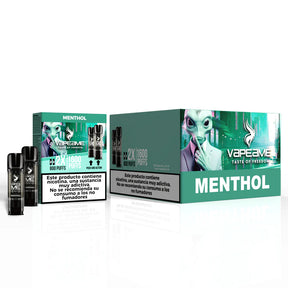 Confezione da 10 scatole di capsule Vapeame Mentolo, cialde rinfrescanti al sapore di mentolo con sistema 2x800 puff (fino a 1600 tiri), presentato nella sua scatola originale verde.