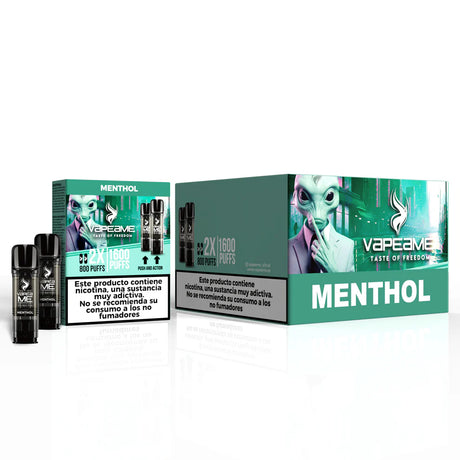 Pack of 10 boxes of capsules Vapeame Menthol, refreshing menthol flavor vape pods with 2x800 puffs system (up to 1600 puffs), presented in its original green box.