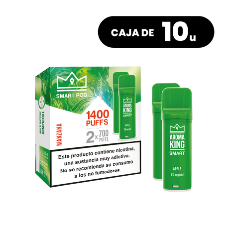 Pack of 10 boxes Aroma King Smart Pod Apple, sweet and refreshing apple flavor vape pods, system of up to 1400 puffs (2x700 puffs) and 20 mg/ml of nicotine, presented in its original green box with product information.