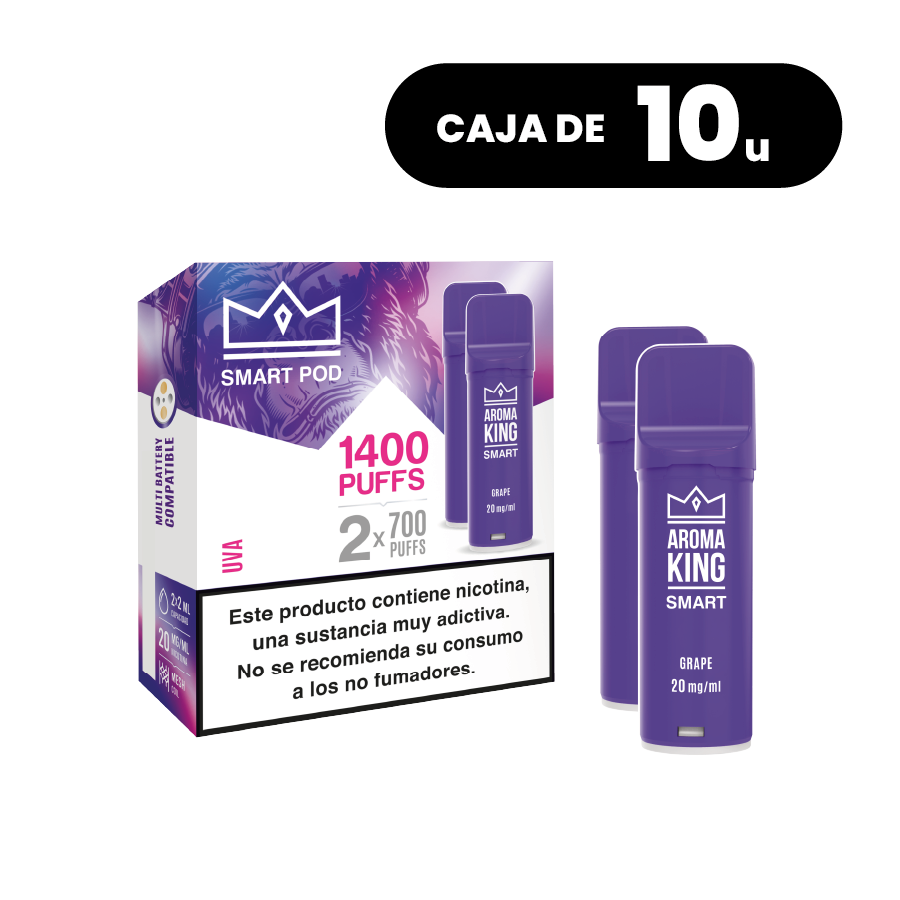 Pack of 10 boxes Aroma King Smart Pod Grape, sweet grape flavor vape pods, system of up to 1400 puffs (2x700 puffs) and 20 mg/ml of nicotine, presented in its original box with product information.