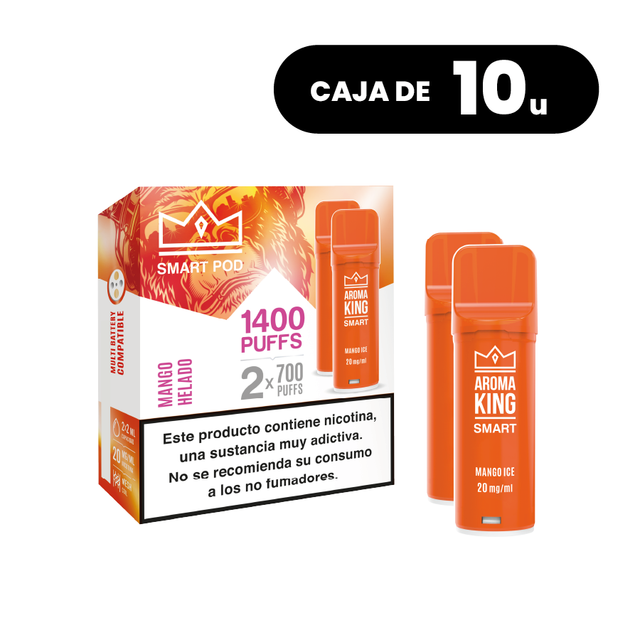 Paquet de 10 boîtes Aroma King Smart Pod Mango, dosettes de vape saveur mangue tropicale sucrée, système jusqu'à 1400 bouffées (2x700 bouffées) et 20 mg/ml de nicotine, présenté dans sa boîte orange d'origine avec information produit.