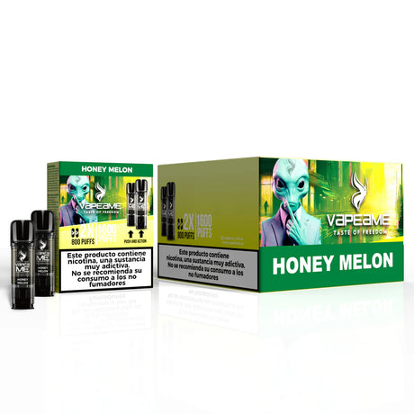 Pack of 10 boxes of capsules Vapeame Honey Melon, sweet melon flavor vape pods with 2x800 puffs system (up to 1600 puffs), presented in its original box.