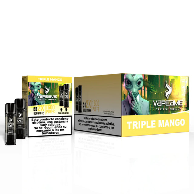 Confezione da 10 scatole di capsule Vapeame Triple Mango, vaporizzatore in cialde al gusto mango con intenso mix tropicale, sistema 2x800 boccate (fino a 1600 tiri), presentato nella sua scatola originale.