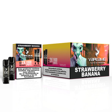 Pack of 10 boxes Vapeame Strawberry Banana, Disposable vapes strawberry and banana flavor with 2x800 puffs system (1600 puffs in total), compact devices with black design and presentation in original box.