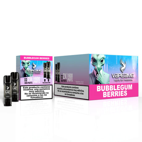 Confezione da 10 scatole di capsule Vapeame Bubblegum Berries, cialde da vaporizzare al gusto bubblegum con un mix di dolci frutti rossi, sistema 2x800 puff (fino a 1600 tiri), presentato nella sua scatola originale.