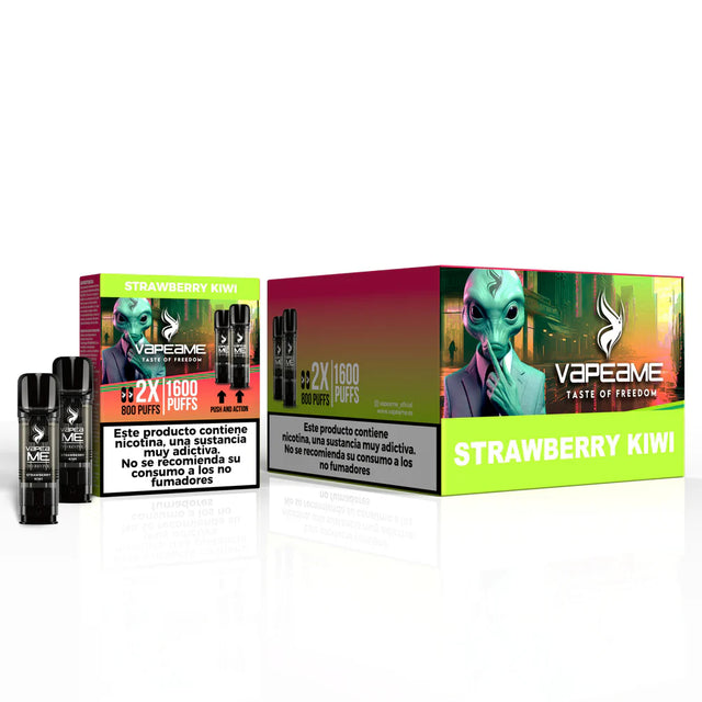 Pack of 10 boxes of capsules Vapeame Strawberry Kiwi, strawberry and kiwi flavor vape pods with sweet and slightly acidic mix, 2x800 puffs system (up to 1600 puffs), presented in its original box.