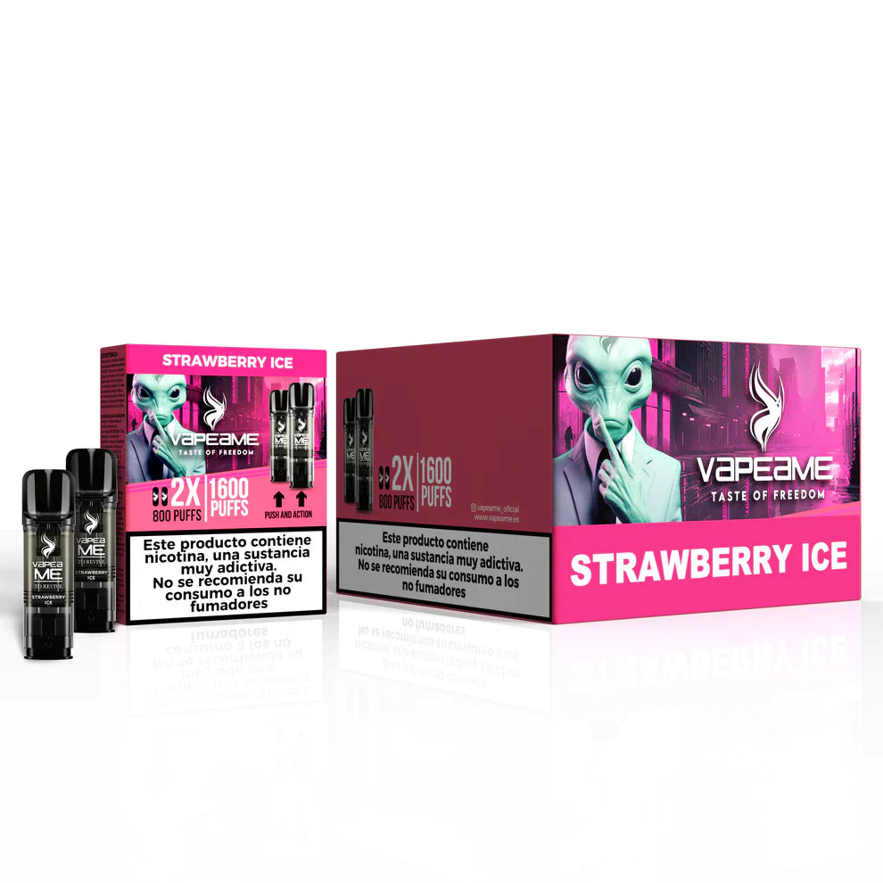 Pack of 10 boxes of capsules Vapeame To Revive Strawberry Ice, strawberry flavor vape pods with a refreshing menthol touch, 2x800 puffs system (up to 1600 puffs), presented in its original pink box.