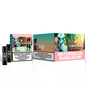 Confezione da 10 scatole di capsule Vapeame Watermelon Bubblegum, capsule vaporizzate al gusto di anguria con un tocco di dolce gomma da masticare, sistema 2x800 puff (fino a 1600 tiri), presentato nella sua scatola originale.