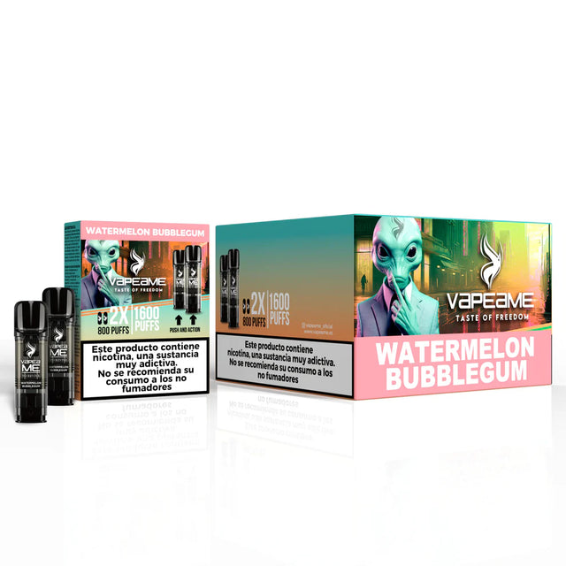Confezione da 10 scatole di capsule Vapeame Watermelon Bubblegum, capsule vaporizzate al gusto di anguria con un tocco di dolce gomma da masticare, sistema 2x800 puff (fino a 1600 tiri), presentato nella sua scatola originale.