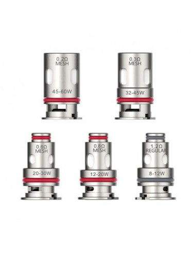 Pack de 5 résistances Vaporesso Compatible GTX Luxe XR, en différentes valeurs d'ohm (0,2, 0,3, 0,6, 0,8 et 1,2), forme cylindrique en métal avec joints toriques colorés.
