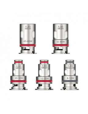 Pack de 5 résistances Vaporesso Compatible GTX Luxe XR, en différentes valeurs d'ohm (0,2, 0,3, 0,6, 0,8 et 1,2), forme cylindrique en métal avec joints toriques colorés.