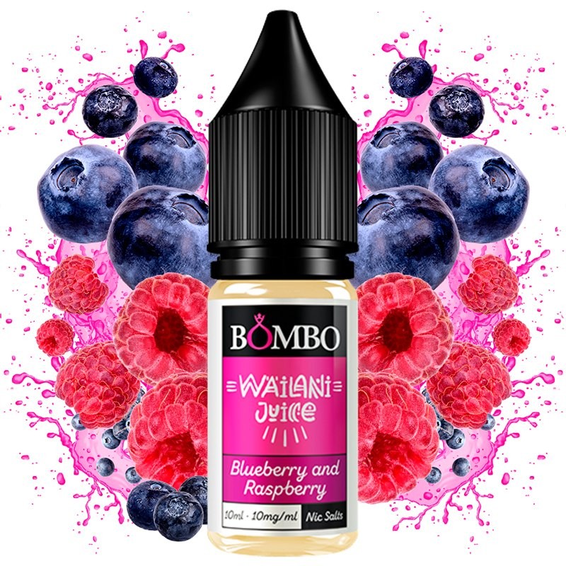 10 ml bottle of Wailani by Bombo Blueberry and Raspberry nicotine salts with a pink label, accompanied by blueberries and raspberries that evoke a sweet and slightly acidic flavor.