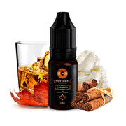 Montreal Canadian nicotine salts liquid 10ml, dark bottle with elegant design, accompanied by tobacco leaves, cigars, cream and a glass of whiskey-type drink that represent its flavor.