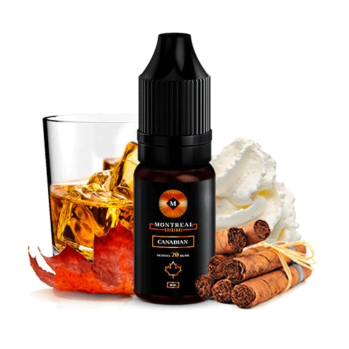 Líquido de sales de nicotina Montreal Canadian 10ml, botella oscura con diseño elegante, acompañado de hojas de tabaco, puros, crema y un vaso de bebida tipo whisky que representan su sabor.