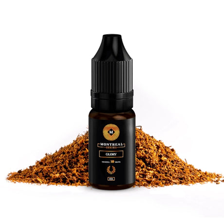 Líquido de sales de nicotina Montreal Glory 10ml, botella con diseño en tonos oscuros, acompañado de notas de tabaco que representan su sabor.
