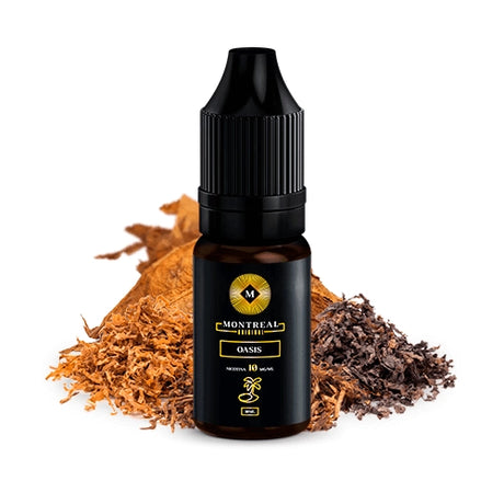 Líquido de sales de nicotina Montreal Oasis 10ml, botella con diseño en tonos oscuros, acompañado de hojas de tabaco que representan su sabor suave con matices exóticos.