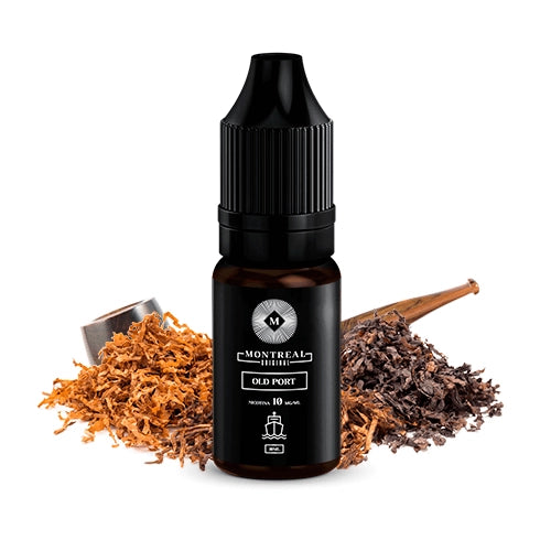 Líquido de sales de nicotina Montreal Old Port 10ml, botella oscura con diseño elegante, acompañado de hojas de tabaco claras y oscuras que representan su sabor.