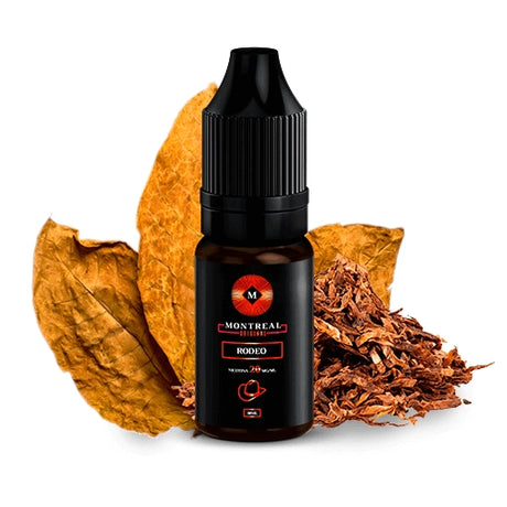 Líquido de sales de nicotina Montreal Rodeo 10ml, botella oscura con diseño elegante, acompañado de hojas de tabaco secas y picadura de tabaco que representan su sabor intenso.