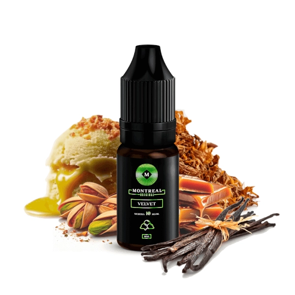 Líquido de sales de nicotina Montreal Velvet 10ml, botella con diseño en tonos oscuros, acompañado de notas de tabaco suave que representan su sabor.