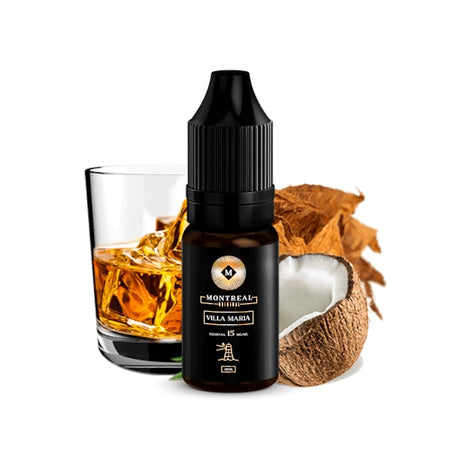 Líquido de sales de nicotina Montreal Villa Maria 10ml, botella oscura con diseño elegante, acompañado de hojas de tabaco, coco y un vaso de bebida tipo whisky que representan su sabor.