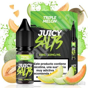 liquido da svapare Juicy Salts Triple Melon 10ml, con una bottiglia nera di sali di nicotina accompagnata dalla sua scatola, design nei toni del verde e frutti di melone (melone, melone verde) intorno.