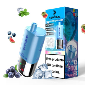 Sigaretta Elettronica Usa e Getta Senza nicotina Vapeame in blu. 3 gusti regolabili: ghiaccio al mirtillo, mentolo e ghiaccio all'anguria.