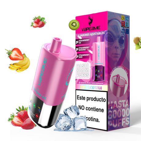 Vaper Desechable Sin Nicotina Vapeame 3 en 1 pink. 3 sabores ajustables: strawberry ice, strawberry banana y strawberry kiwi.