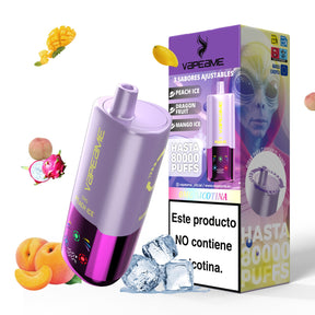 Vaper Desechable Sin Nicotina Vapeame 3 en 1 violet. 3 sabores ajustables: peach ice, dragon fruit, mago ice