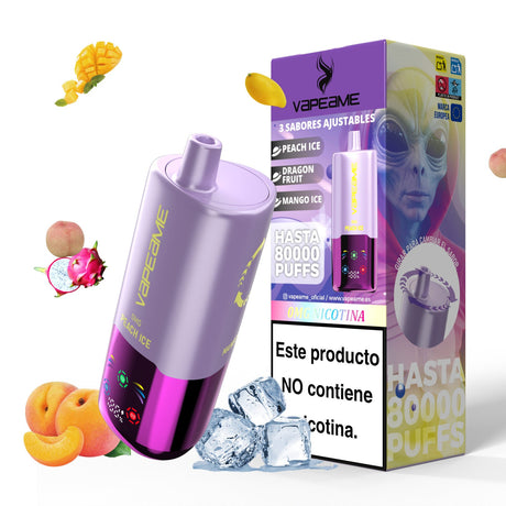 Vaper Desechable Sin Nicotina Vapeame 3 en 1 violet. 3 sabores ajustables: peach ice, dragon fruit, mago ice