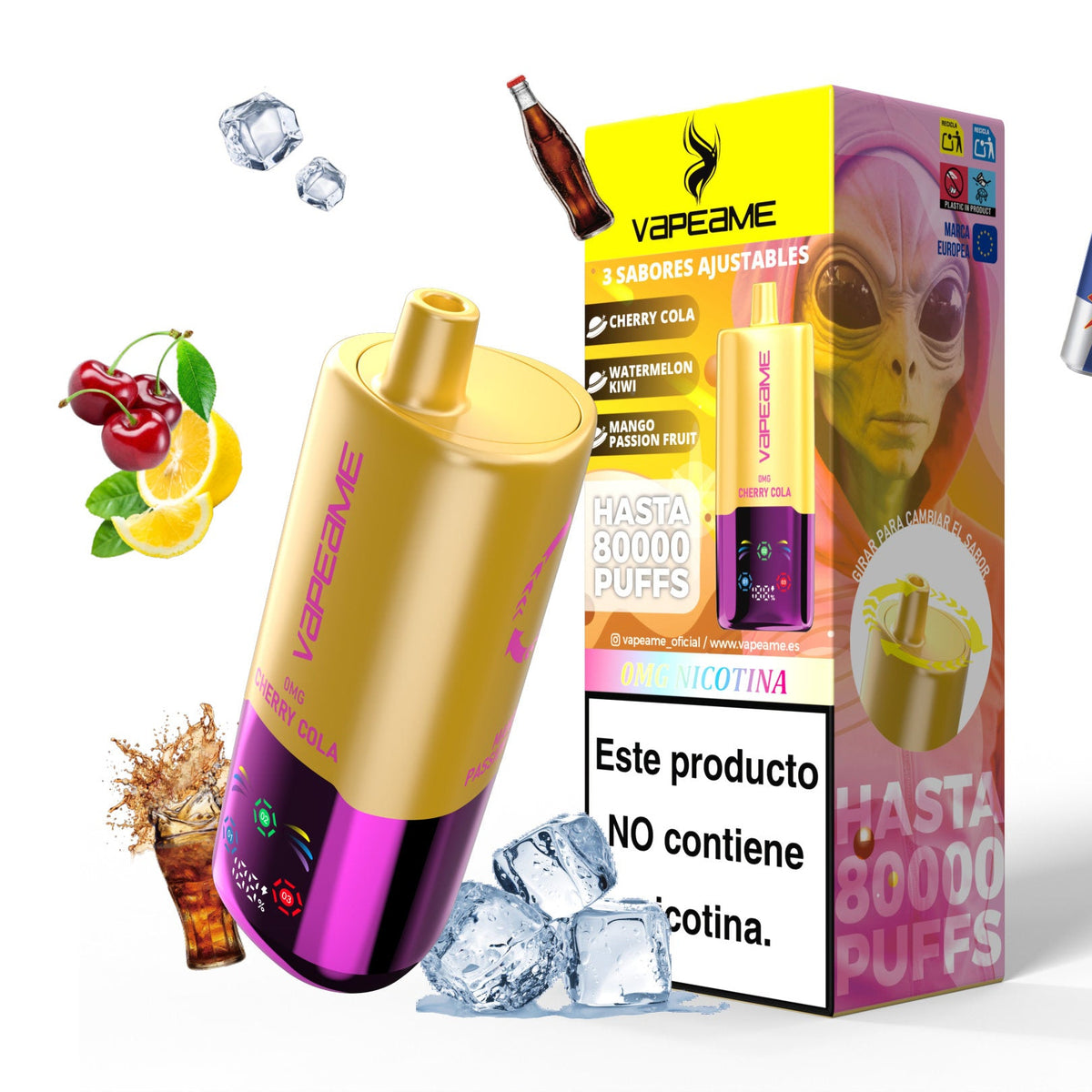 Vaper Desechable Sin Nicotina Vapeame 3 en 1 yellow. 3 sabores ajustables: cherry cola, watermelon kiwi, mango passion fruit.