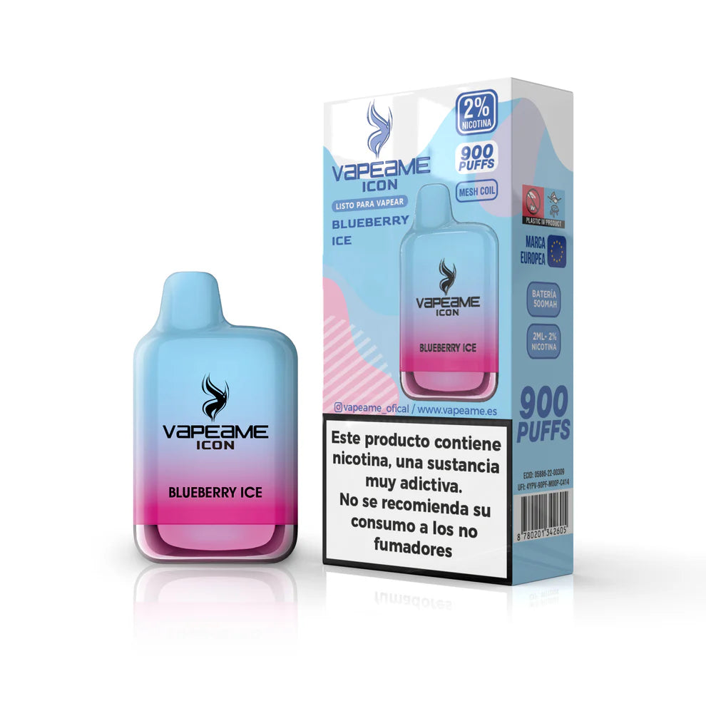 vapoteur jetable Vapeame Icon Blueberry Ice saveur 20mg (2% nicotine) 900 bouffées dégradé bleu avec rose.