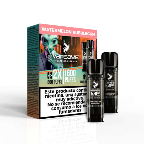 Vapeame Capsules saveur Pastèque Bubblegum To Revive 20 mg 1600 bouffées (2x800) paquet de 2 dosettes avec boîte rose et verte.