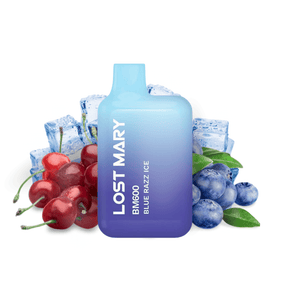 Disposable Vape Lost Mary BM600 Blue Razz Cherry 20 mg/ml, compact device with up to 600 puffs and blue raspberry and cherry flavor e-liquid with a sweet and fruity mix, ergonomic design with integrated mouthpiece and visual presentation inspired by red fruits that represent the flavor of the product.