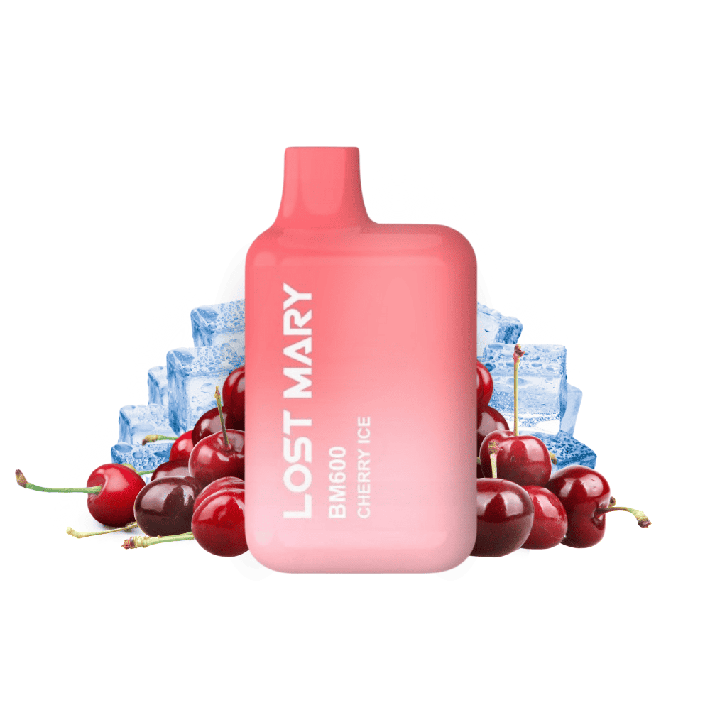 Vaper desechable Lost Mary BM600 Cherry Ice 20 mg/ml, dispositivo compacto con hasta 600 puffs y e-liquid sabor cereza con toque mentolado refrescante, diseño ergonómico con boquilla integrada y presentación visual inspirada en cerezas y efecto hielo que representan el sabor del producto.