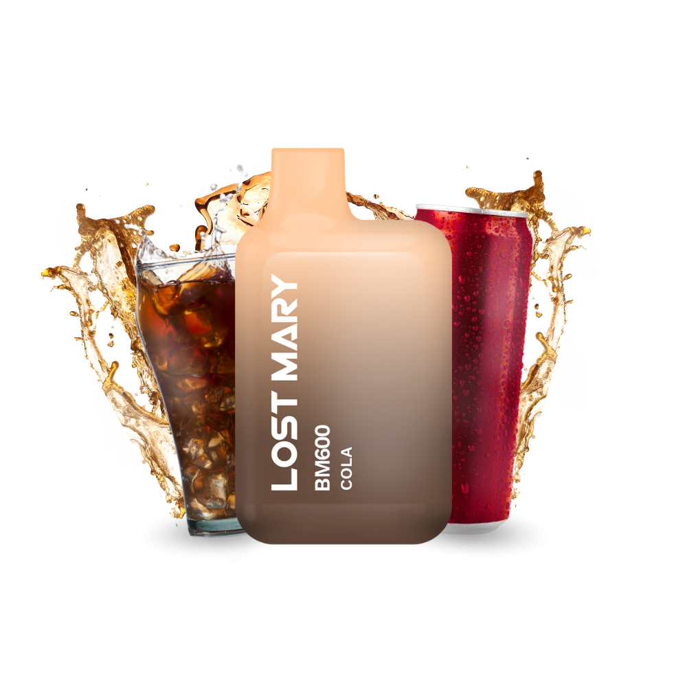 vapoteur jetable Lost Mary BM600 Cola 20 mg/ml, appareil compact pouvant contenir jusqu'à 600 bouffées et e-liquide saveur soda cola design doux et ergonomique avec bec verseur intégré et présentation visuelle inspirée des boissons cola qui représente la saveur du produit.