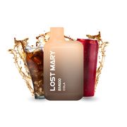 vapoteur jetable Lost Mary BM600 Cola 20 mg/ml, appareil compact pouvant contenir jusqu'à 600 bouffées et e-liquide saveur soda cola design doux et ergonomique avec bec verseur intégré et présentation visuelle inspirée des boissons cola qui représente la saveur du produit.